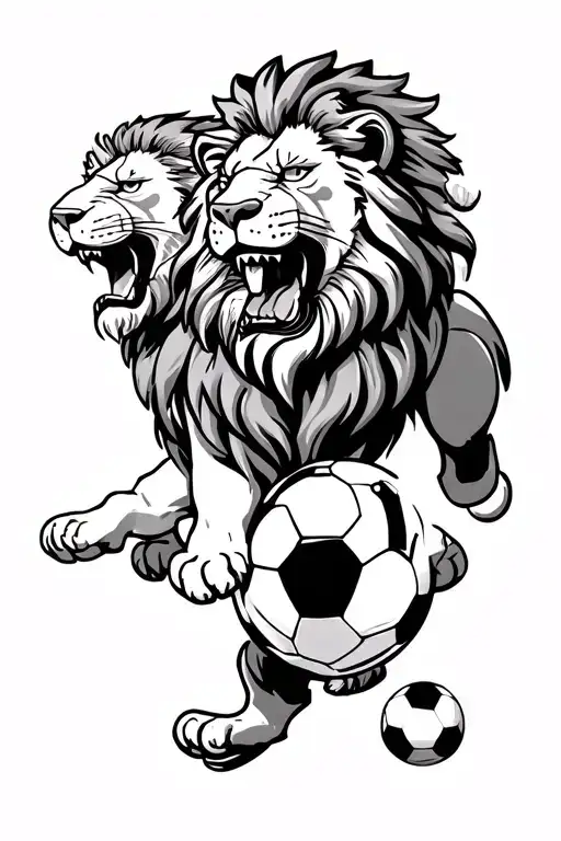 Three Headed Lion With A Soccer Ball Under Foot Stepping