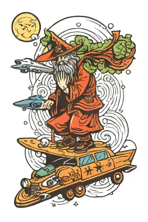 Skateboard Moon Wizard Fireball Police Car Cabbage