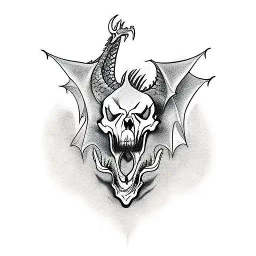 Dragon Holding Skull In Mouth In Mist