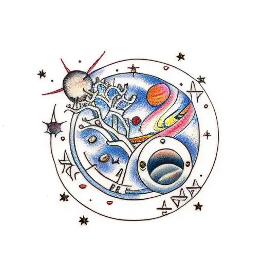 Full Body Tattoo With Cherry Blossom Tree And A Wolf Starring At The Planets And Stars In The Ocean