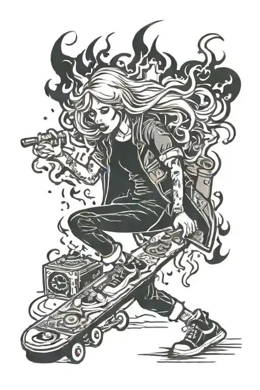 Rock Guitar Goth Girl Fire Explosion Dumpster Fire Skateboard