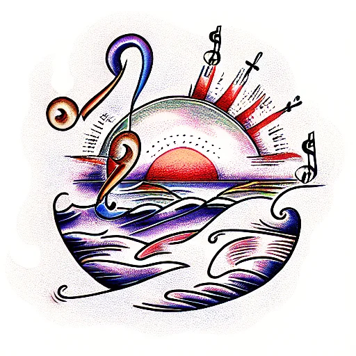 Sunset Over The Ocean With Musical Notes