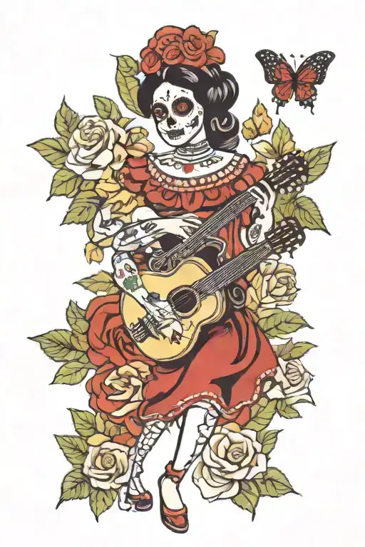 Day Of The Dead Female Mariachi Singer White Flowers Butterflies