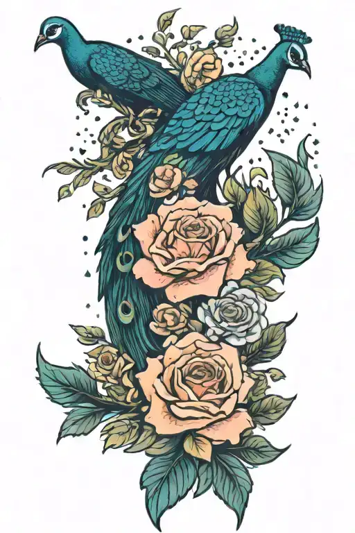 Peacock Intertwined With Wild Flowers And Roses Growing And Stars Forming