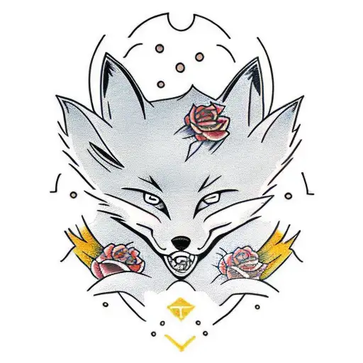 Traditional Tattoo Design Combining Anime And Office Themes With A Prominent Fox Motif