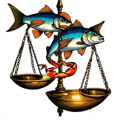 Libra Scale Weighing Pisces Fish On One Side Of The Balance And Cancer Crab On The Other