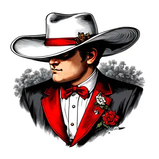Black White Suit White Hat With Details In Red Clothes