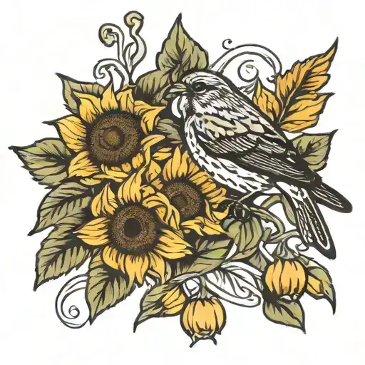 Sunflower Daffodils Sparrow Perched