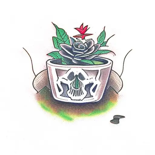 Skull In Pot With Plants Growing Out The Top