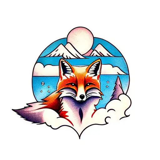 The Word Fox With A Mountain And Clouds Behind It