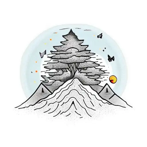 Sunset And Mountain And Trees And A Dog And 2 People And Butterflies