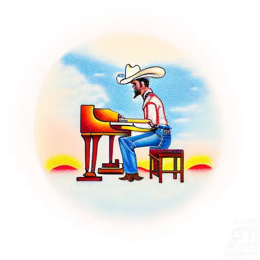 A Cowboy Playing Piano On A Ranch With A Sunset Backdrop