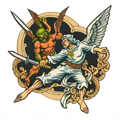 Male Angel Attacking A Goblin With A Sword Intertwined