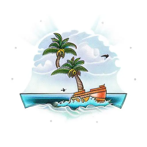 Traditional Pirate Treasure Chest On And Island With A Palm Tree Behind It To The Left Side