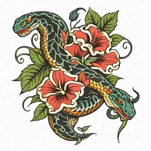 Snake With Morning Glory Vine And Flowers