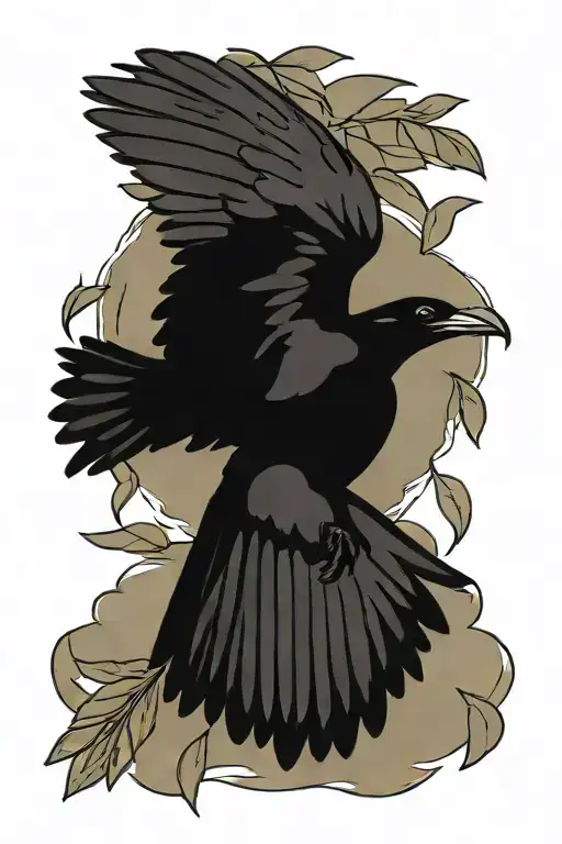 Black Raven In Flight Holding Olive Branch