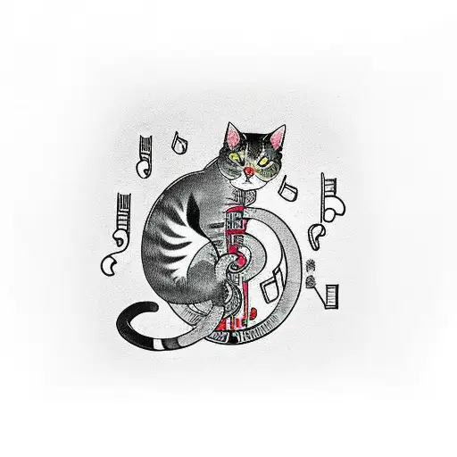 Traditional Japanese-style Tattoo Of A Cat Surrounded By Musical Notes