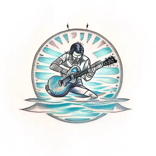 A Sketch-style Tattoo Of A Person Playing The Guitar While Floating On A Tranquil Water Surface