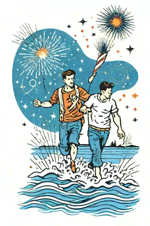 Dad And Son Walking On Water With Fireworks In Background