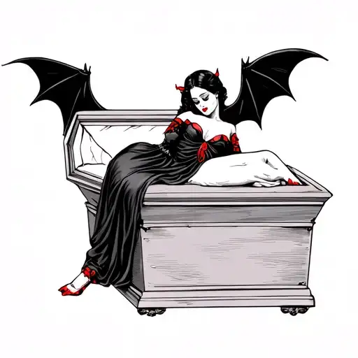 Female Vampire Laying In A Coffin With A Winged Bat On Top Of The Coffin For Decoration