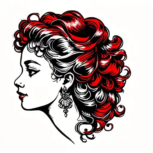 Lady Head Profile With Wavy Curly Hair With Red And Black Color