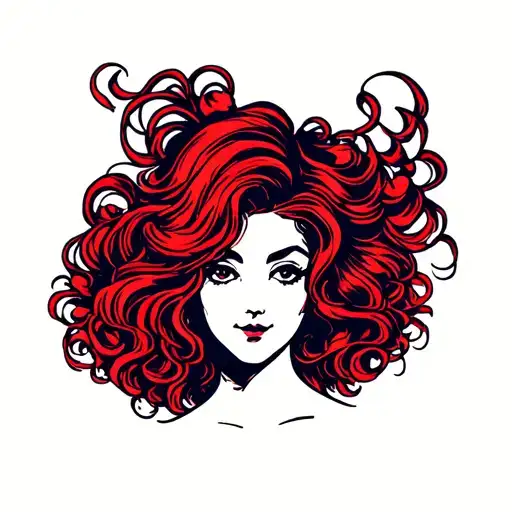 Lady Head Profile With Wavy Curly Hair With Red And Black Color Looking Straight