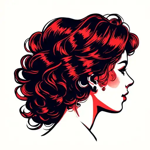 Lady Head Profile With Wavy Curly Hair With Red And Black Color Looking Straight Traditional Style