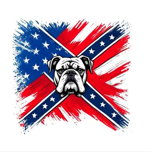 Small Red And Blue Confederate Flag With Bulldog Head In Center With American Flag Background