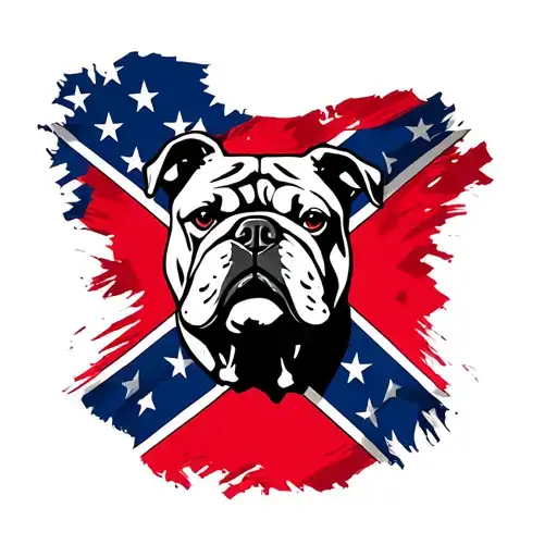 Small Red And Blue Confederate Flag With Bulldog Head In Center With American Flag Background