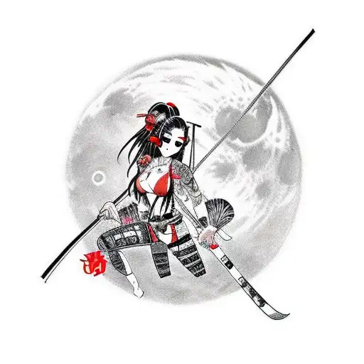 Chica Anime Sexy Samurai Con Fondo De Luna Llena En Rojo
