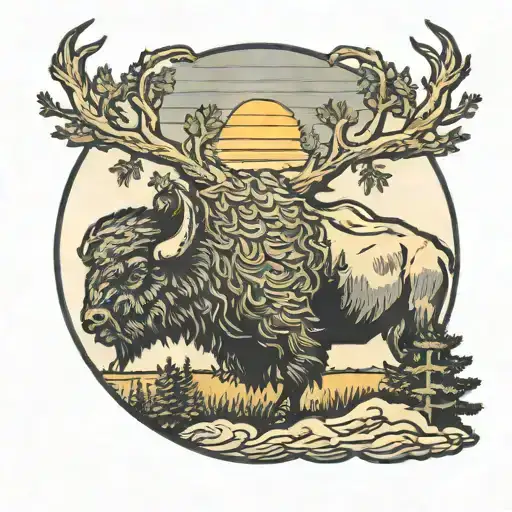 Buffalo With Pine Trees And A Sunset Sky