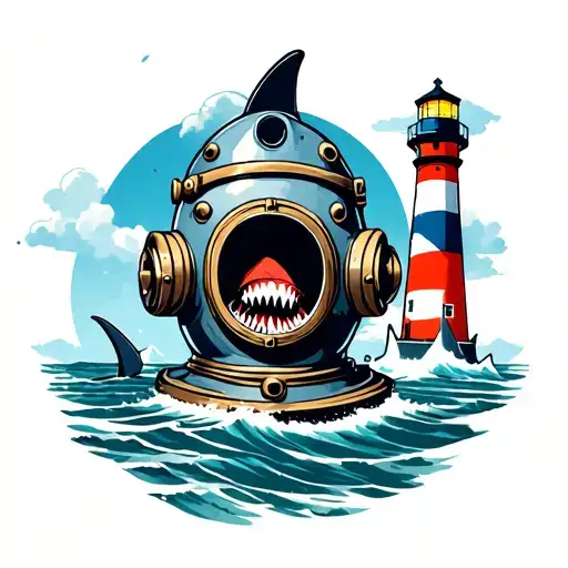 American Traditional Dive Helmet With Hammer Head Shark And Lighthouse
