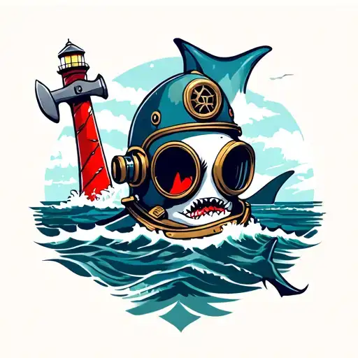American Traditional Dive Helmet And Hammer Head Shark And Lighthouse