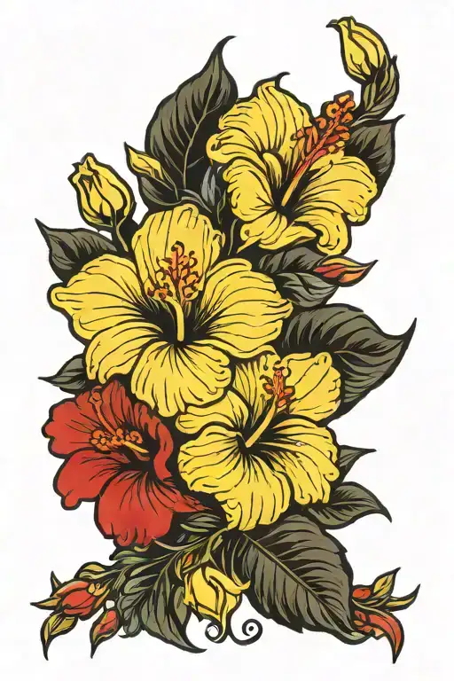 Yellow Hibiscus And Red Rose Intertwined