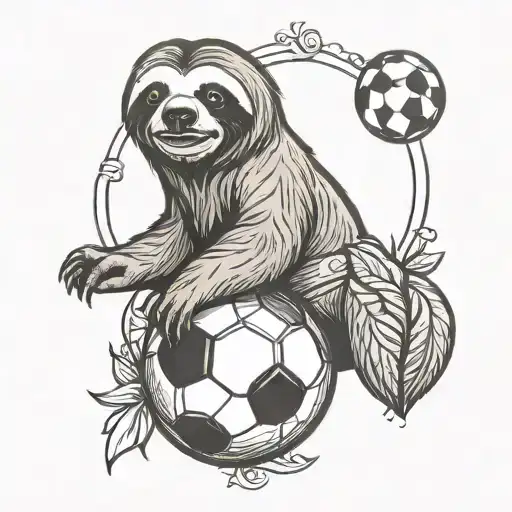 A Traditional Style Tattoo Of A Soccer Ball With A Sloth Hanging From It