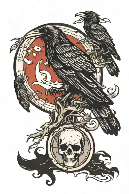 Unique Traditional Raven Perched On Skull With Blood Moon Backround