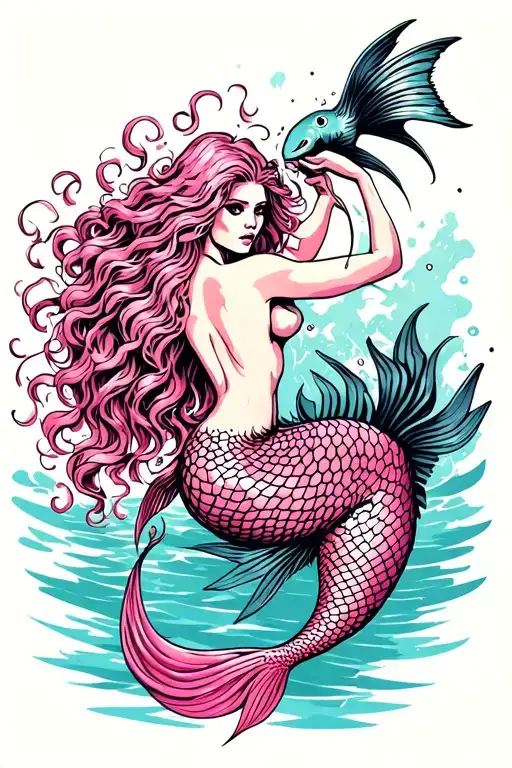Mermaid With Long Pink Hair And Pink Tail Fighting And Tearing Apart A Black Fishnet