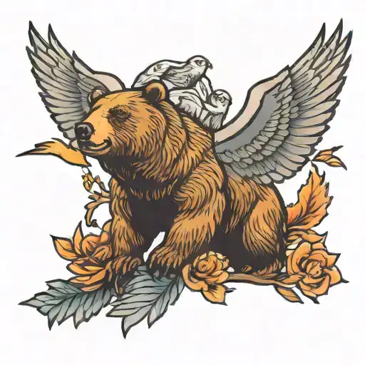Bear And Two Pigeons Flying