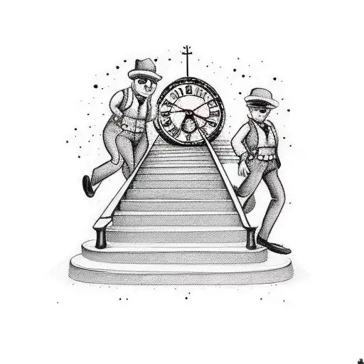 Staircase With Clock And Brothers Holding Hands Walking Up Stairs