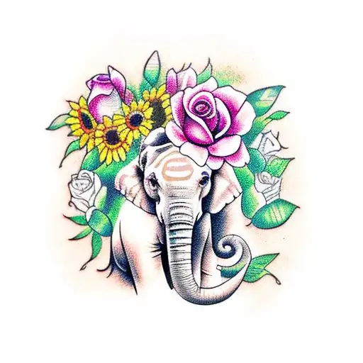 Elephant With Roses And Sunflowers