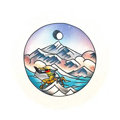 Trash Polka Style Mountain Range With A Mountainbike Jumping Over It