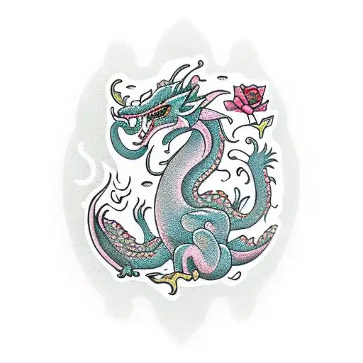 Traditional Feminine Dragon With Flowers In An Invisible Border Shaped Like A Vertical Rectangle