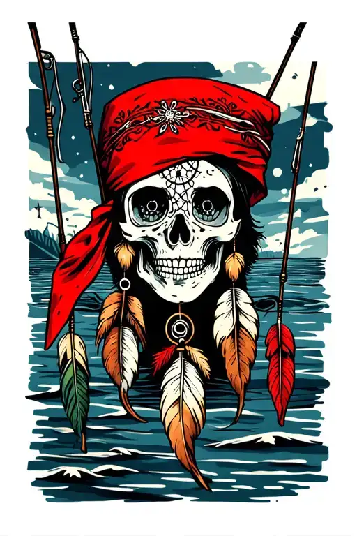 Red Bandana With Fishing Poles And Dream Catcher