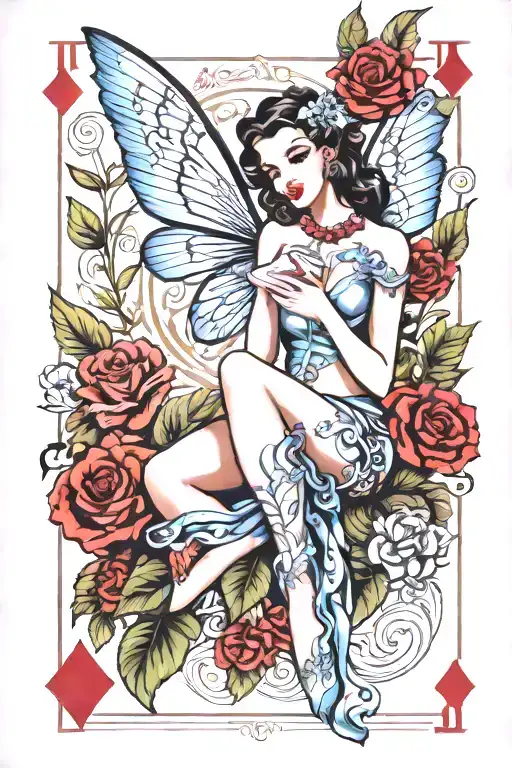 Pin Up Fairy With Wings Playing Cards With Tribal Garden Background