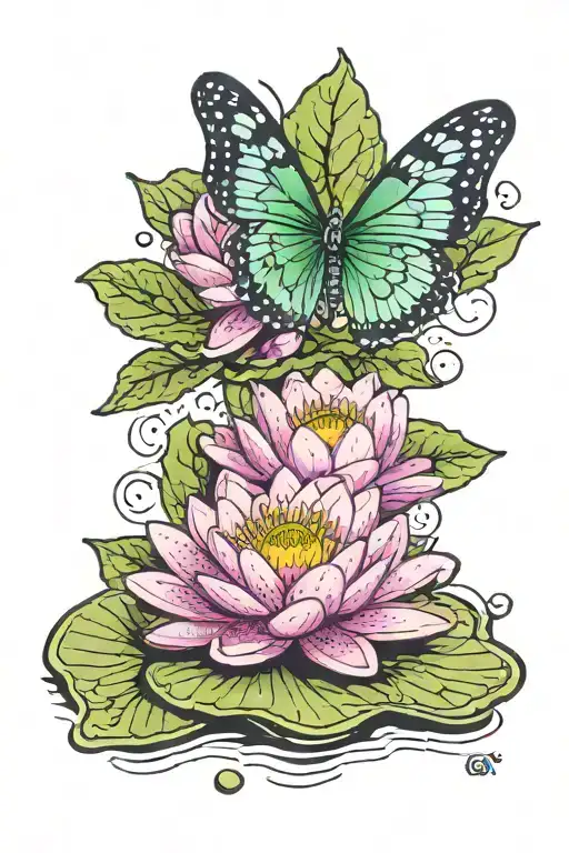 Purple Water Lily Pad With A Purple And Green Butterfly