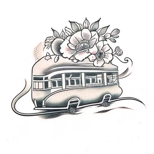 Old Tram Side With Flowers Black