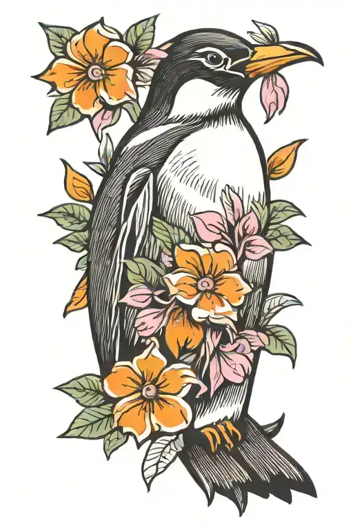 Penguin With Orange And Pink Flower