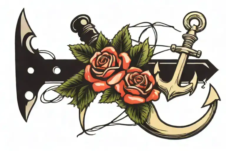 Anchor Connected To A Knife And Roses Intertwined