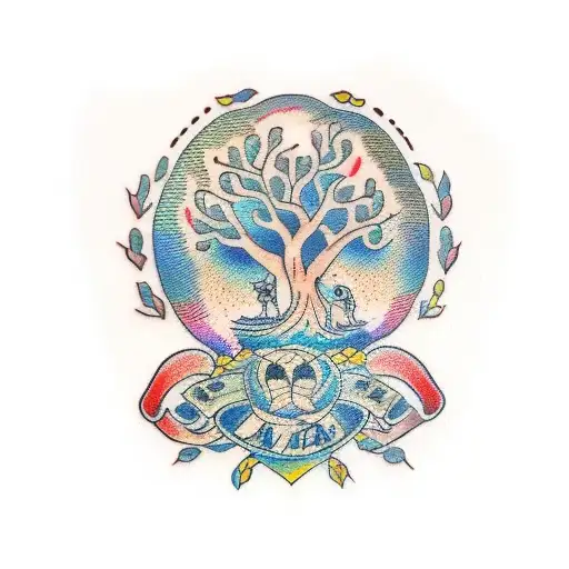 A Traditional Style Tattoo Of A Family Tree With Each Member Represented By A Different Animal