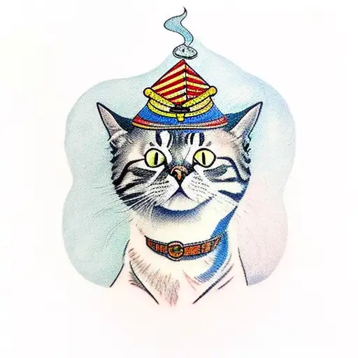 A Traditional-style Tattoo Of A Cat Wearing A Pizza Slice As A Hat While Playing Video Games
